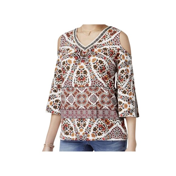 Style & Co Cold Shoulder Embroidered Trim Cotton Boho Chic Top Multicolor Size L - Picture 15 of 15